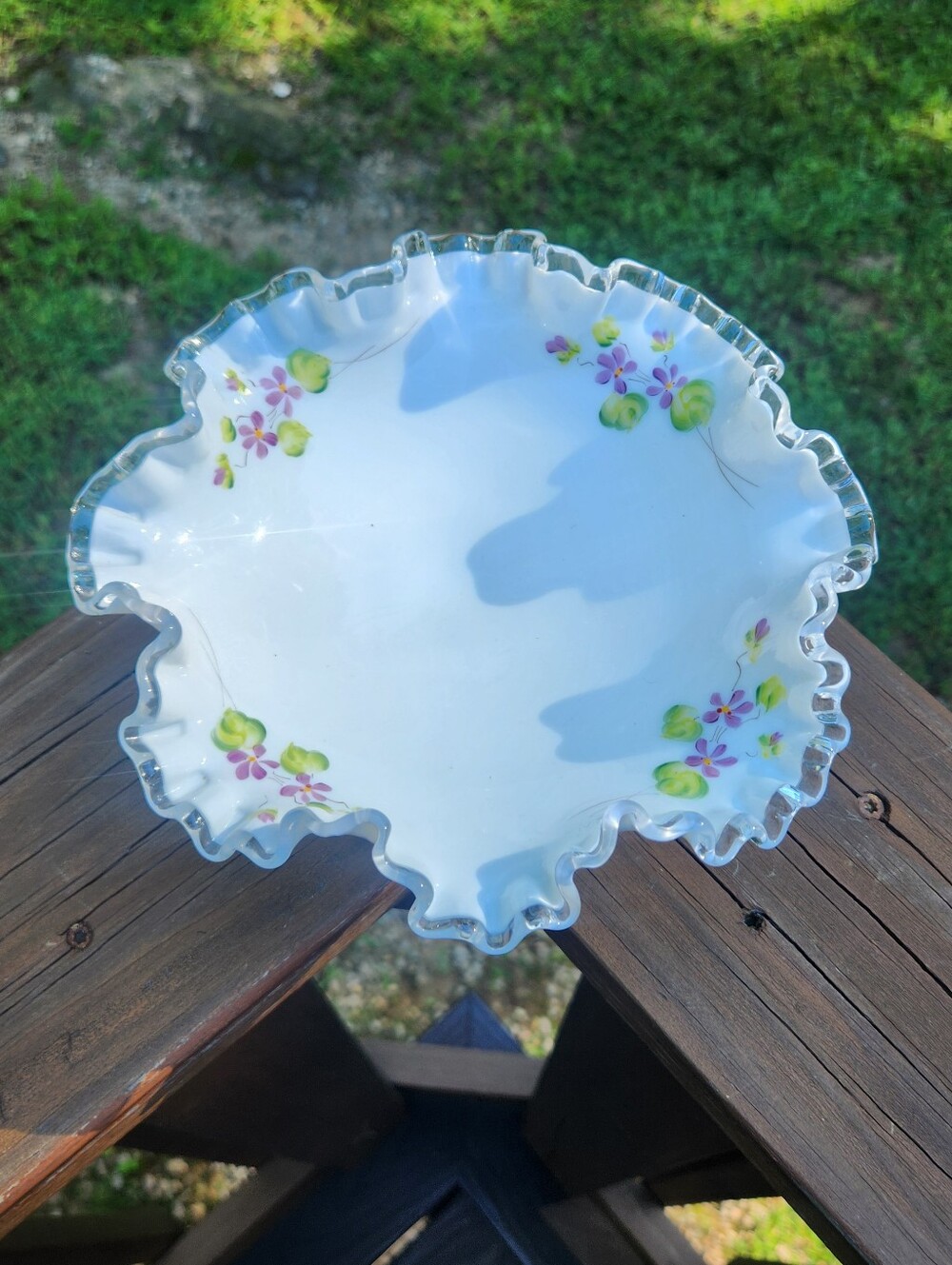 Vintage Fenton Silver Crest "Violets In The Snow" Console Bowl Signed By Artist
